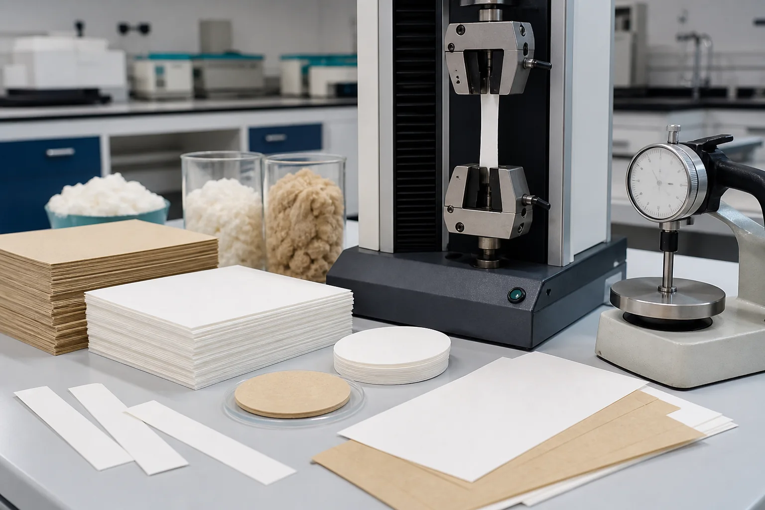 Handsheets and tensile equipment used for paper dry-strength testing
